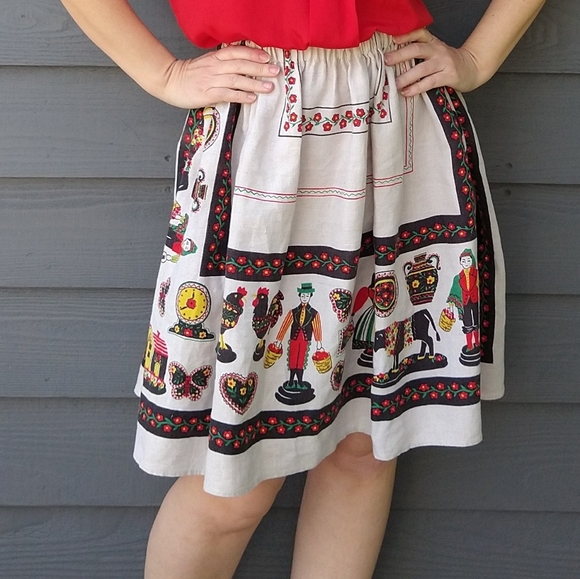 folksy LINEN TABLECLOTH SKIRT vintage novelty M L - Picture 3 of 11